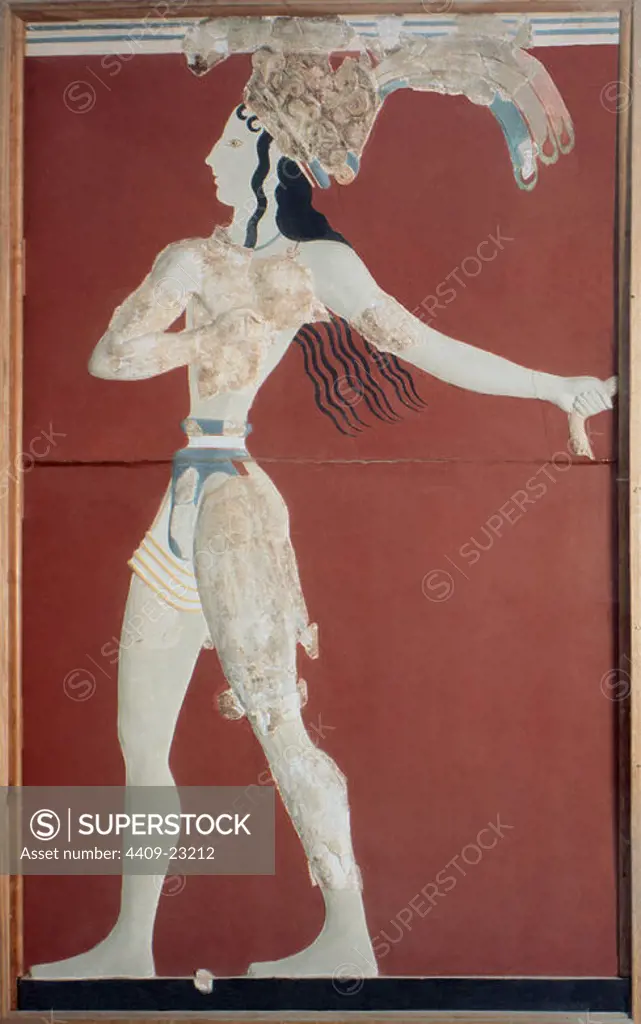Fresque representing the Prince with Lilies.. Painted stucco (high 2;20 m). 1400-1450 BC. Heraklion, museum of archaeology. Location: ARCHAEOLOGICAL MUSEUM. HERAKLION. GREECE.