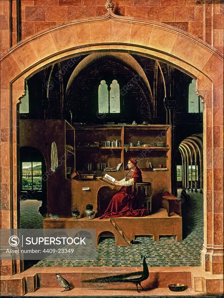 St. Jerome in his Study. c.1475. Oil on wood (46 x 36.5 cm). London, National Gallery. Author: ANTONELLO DE MESSINA (1430-1479). Location: NATIONAL GALLERY. LONDON. ENGLAND. SAN JERONIMO (347-420).