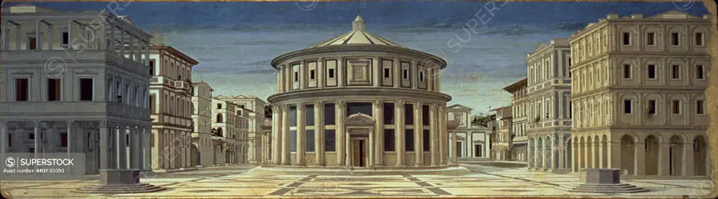 View of an Ideal City, or The City of God - after 1470 - 60x200 cm - oil on panel - Italian Renaissance. Author: PIERO DELLA FRANCESCA. Location: GALLERIA NAZIONALE DELLE MARCHE. URBINO. ITALIA.