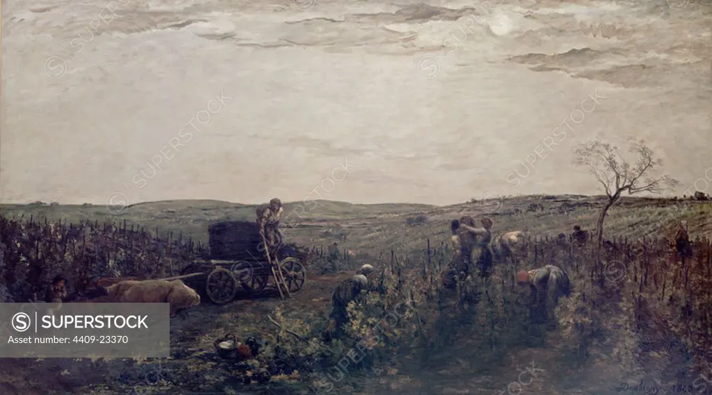 The Wine Harvest in Burgundy - 1863 - 170x300 cm - oil on canvas. Author: DAUBIGNY CHARLES. Location: LOUVRE MUSEUM-PAINTINGS. France.