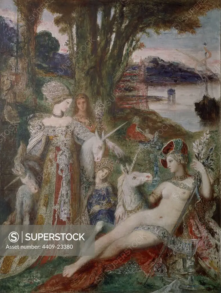 The Unicorns - 1885 - 115x90 cm - oil on canvas. Author: GUSTAVE MOREAU (1826-1898). Location: MUSEO GUSTAVE MOREAU. France.