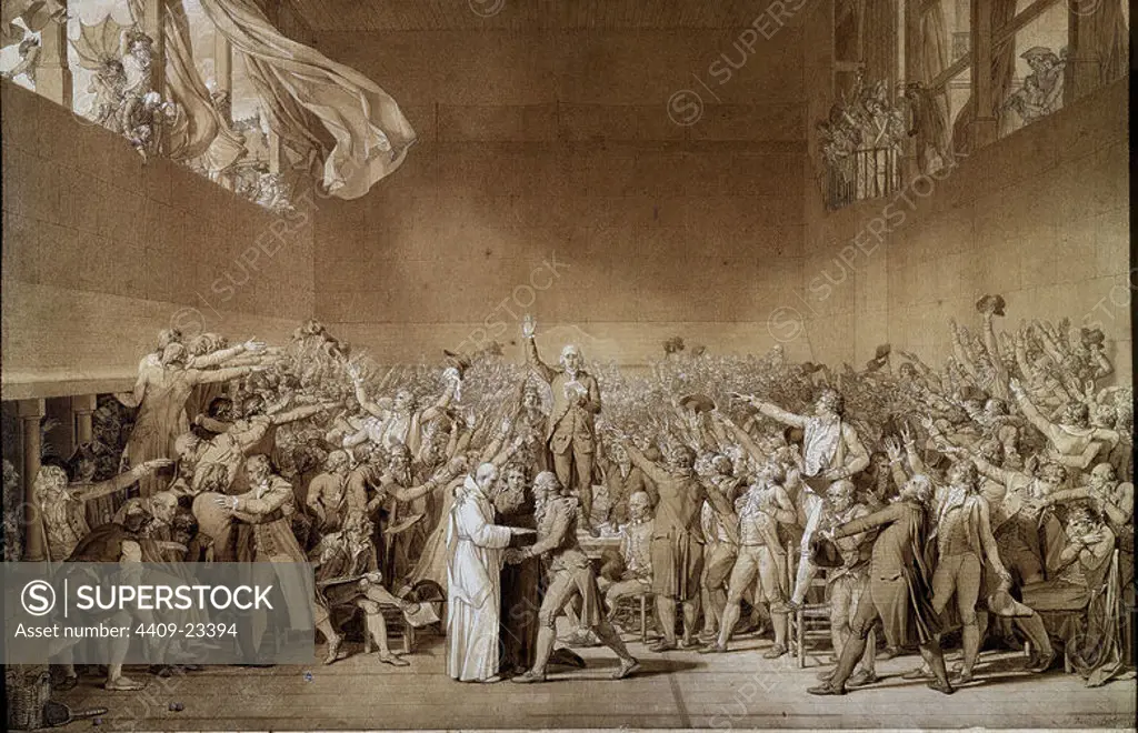 French school. The Tennis Court Oath (June 20, 1789). Versailles, musée national du Chteau. Author: JACQUES LOUIS DAVID. Location: MUSEO PALACIO. Versailles. MAXIMILIEN DE ROBESPIERRE. JEAN SYLVAIN BAILLY. MIRABEAU HONORE GABRIEL CONDE. MARTIN-DAUCH.