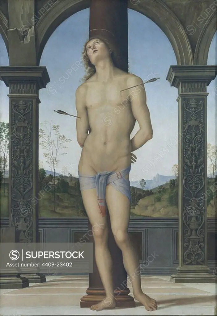 St. Sebastian - 176x116 cm - oil on panel - Italian Renaissance. Author: PIETRO PERUGINO. Location: LOUVRE MUSEUM-PAINTINGS. France.
