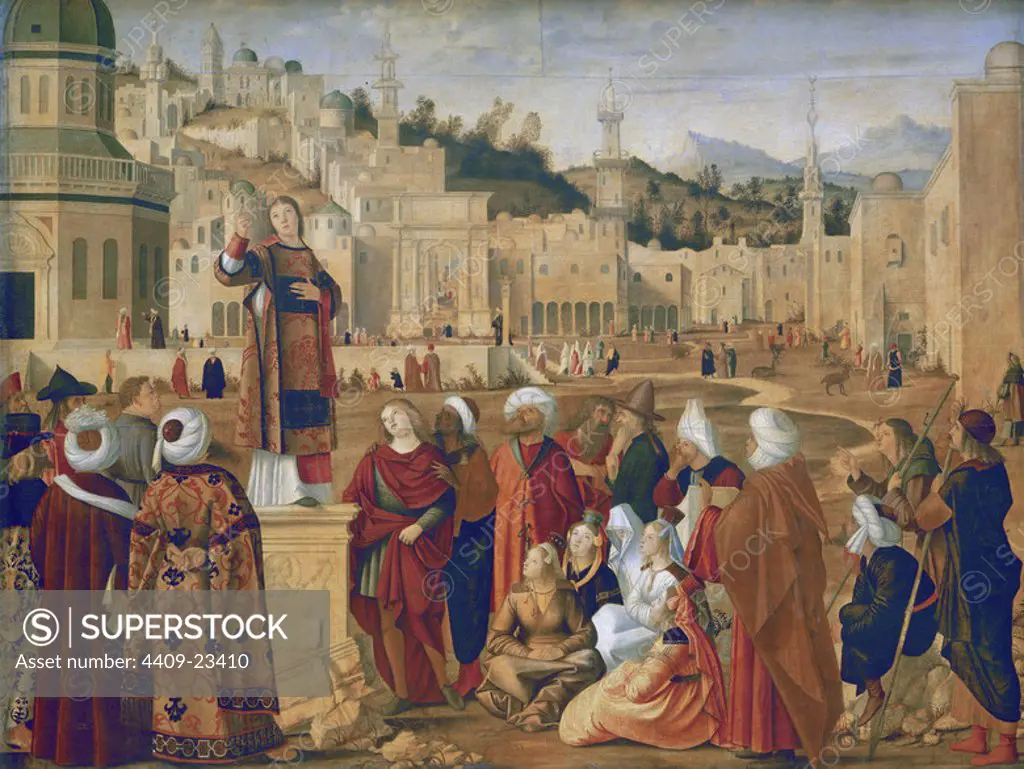 St. Stephen Preaching - 1515 - 148x194 cm - oil on canvas - Italian Renaissance. Author: VITTORE CARPACCIO. Location: LOUVRE MUSEUM-PAINTINGS. France. SAN ESTEBAN MARTIR.