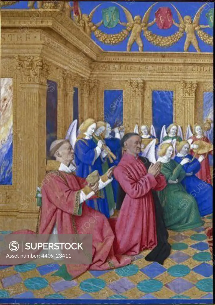 Etienne Chevalier and St. Stephen, detail from the 'Melun Triptych' - 15th century - oil on panel. Author: FOUQUET, JEAN. Location: MUSEO CONDE, CHANTILLY, FRANCE. Also known as: LIBRO DE HORAS DE ETIENNE CHEVALIER-ETIENNE CHEVALIER CON SU PATRON SAN ESTEBAN.