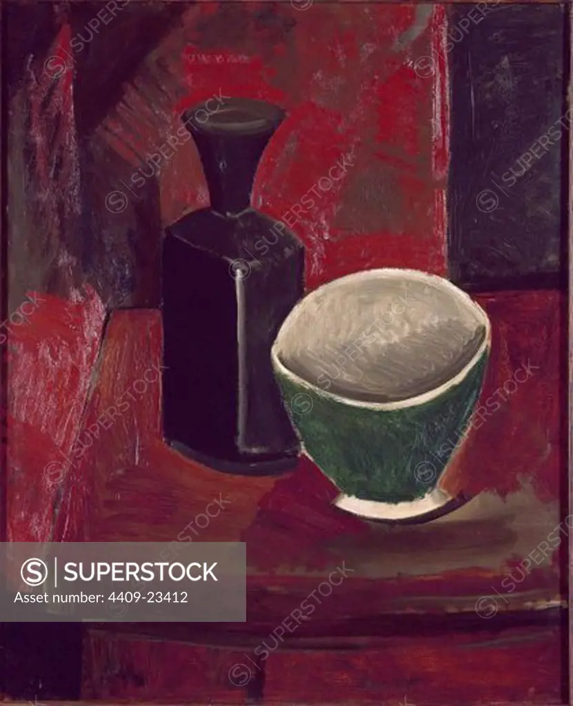 Spanish school. Green bowl and black bottle. Sopera verde y botella negra. Cubist still life. 1908. Oil on canvas 61 x 51 cm. Author: PICASSO, PABLO. Location: MUSEO ERMITAGE-COLECCION, ST. PETERSBURG, RUSSIA.