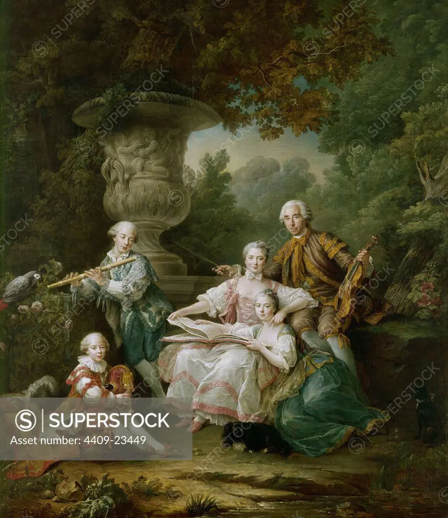 Louis du Bouchet, Marquis de Sourches and his Family, 1750 - 324x284 cm - oil on canvas. Author: François-Hubert Drouais. Location: MUSEO PALACIO. Versailles. France. SOURCES MARQUES DE. BOUCHET LOUIS. MAILLEBOIS MARGERITE HENRIETTE. SOURCES MARQUESA. BOUCHET JEANNE MADELEINE. TOURCEL MARQUES. BOUCHET LOUIS FRANCOIS. MONTSOREAU CONDE. BOUCHET YVES MARIE.