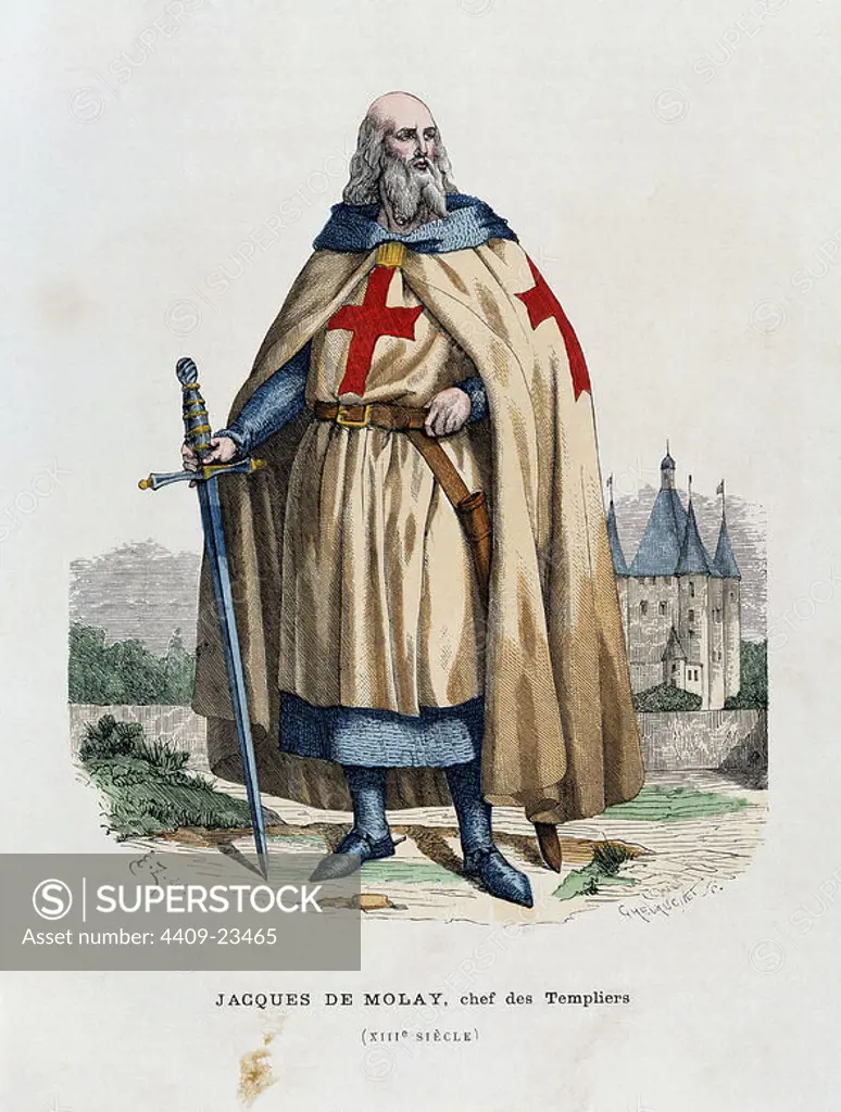 Jacques de Molay Grand Master of the Knights Templar (1248-1314) . Engraving. Author: CHEVADONET.