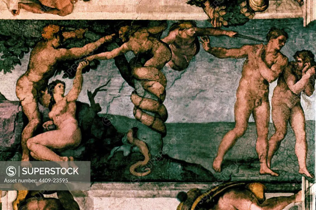 PECADO ORIGINAL Y EXPULSION DEL PARAISO - S XVI - RENACIMIENTO ITALIANO. Author: Michelangelo. Location: MUSEOS VATICANOS-CAPILLA SIXTINA. VATICANO. EVE. Adam.