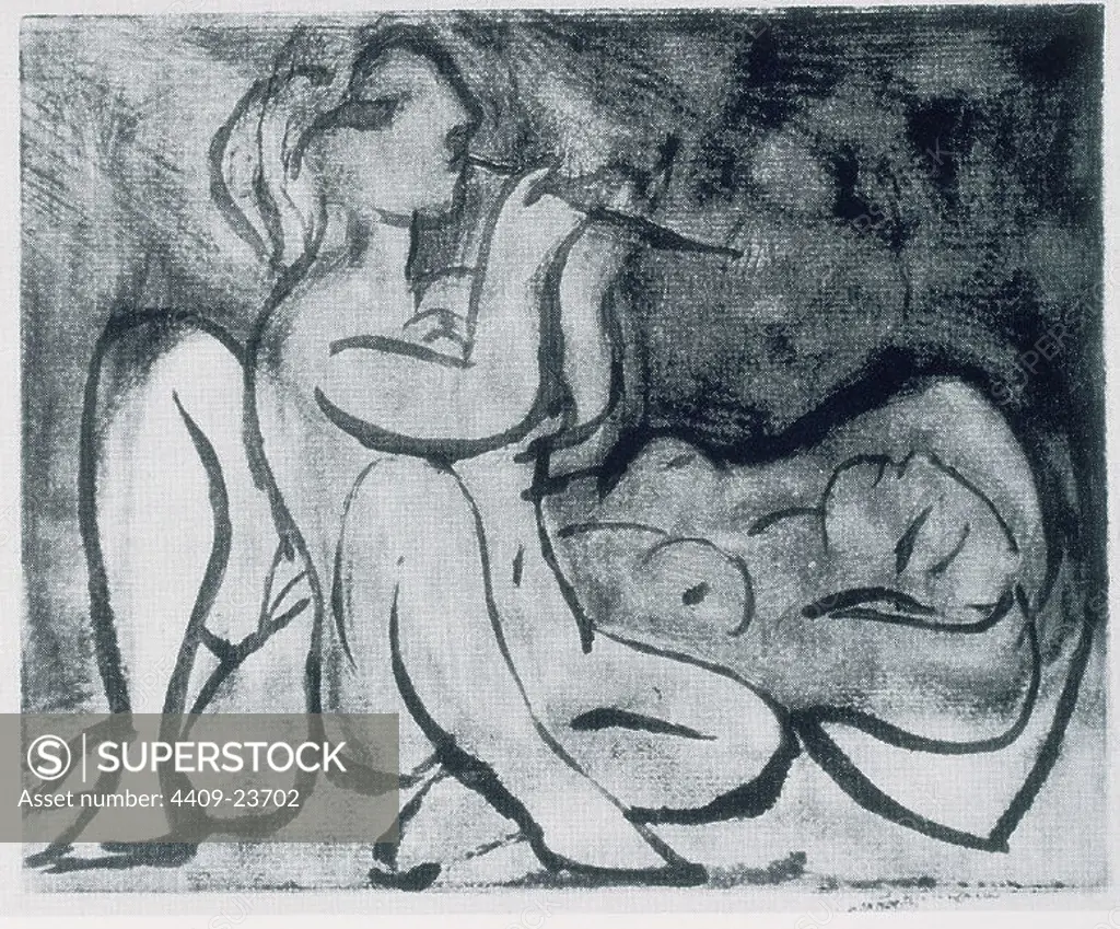 Spanish school. Flutist and sleeping woman. Flautista y dormilona. 1933. Engraving, dry point on copper . Madrid, present of the National Society of the International Expositions in Spain (SEEI) Marti Gasull. Author: PABLO PICASSO. Location: SEEI. MADRID. SPAIN. PICASSO MUJER DE. WALTER MARIE THERESE.