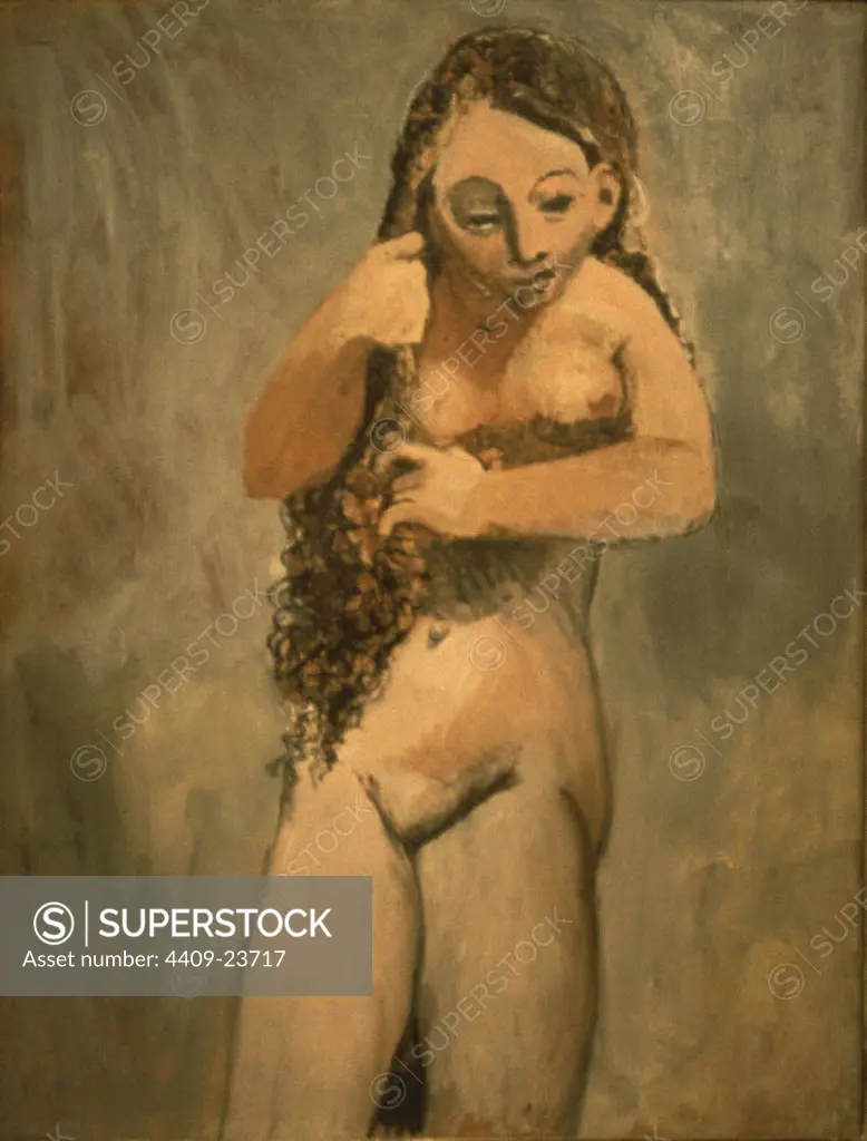 Spanish school. Naked female brushing her hair. Mujer desnuda peinándose. 1906. Oil on canvas 105x81 cm. Fort Worth-Texas, Kimbell Museum. Author: PABLO PICASSO. Location: MUSEO KIMBELL. FORT WORTH-TEXAS.