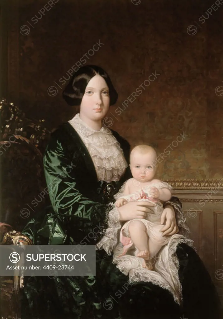 'Isabella II of Spain and the Infanta Isabella', 1852, Oil on canvas, 142 x 101 cm. Author: FEDERICO DE MADRAZO Y KUNTZ (1815-1894). Location: CUARTEL GENERAL DEL EJERCITO DE TIERRA. MADRID. SPAIN. INFANTA MARIA ISABEL. INFANTA ISABEL DE BORBON. ISABEL INFANTA. ISABEL II DE ESPAÑA-HIJA. ISABEL II REINA DE ESPAÑA (1830-1904).
