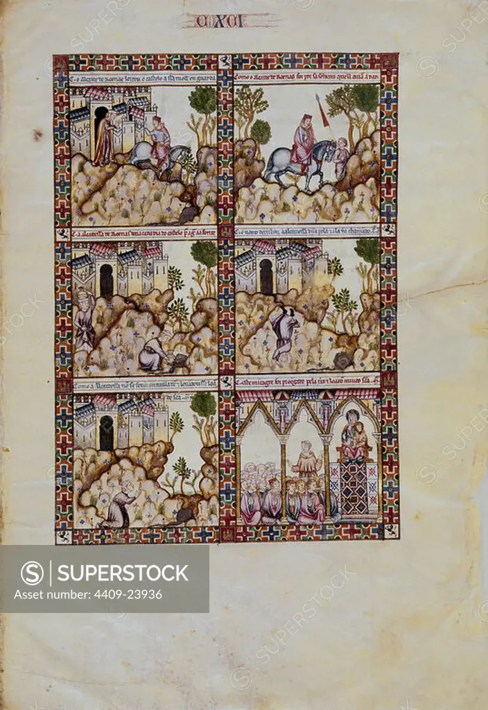 Saint Mary Song # 191. The Wife of the mayor of Rodenas is unhurt in her fall from the crag. Alcaldesa de Rodenas cae por la peña y se salva. 13th century. Madrid, Library of the Monastery of El Escorial. Author: Alfonso X of Castile. Location: MONASTERIO-BIBLIOTECA-COLECCION. SAN LORENZO DEL ESCORIAL. MADRID. SPAIN.