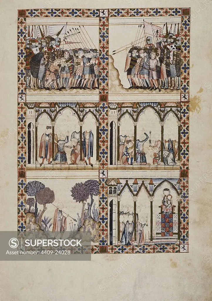 MS B.R.20 - "CANTIGA DE SANTA MARIA" Nº408 - SHEET 16 - THE VIRGIN CURES A SQUIRE WOUNDED ON THE SIDE - MINIATURE - 13th CENTURY. Author: Alfonso X of Castile. Location: BIBLIOTECA NACIONAL COLECCIÓN. Florenz. ITALIA.