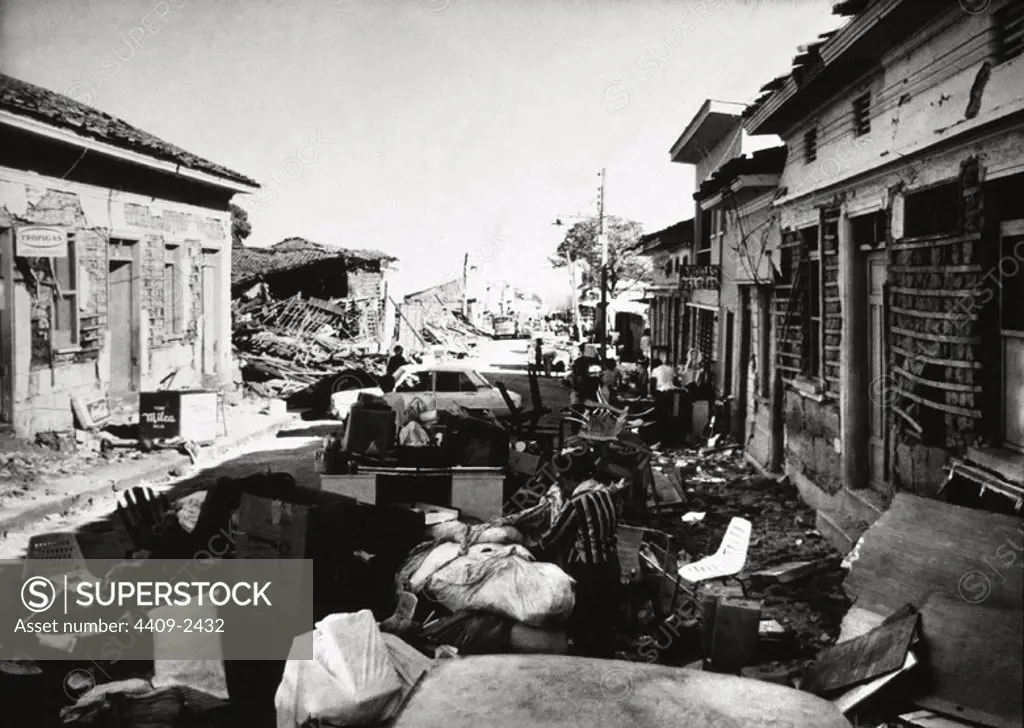 Earthquake damage leaves a city in ruins. Managua, Nicaragua, December 1972.