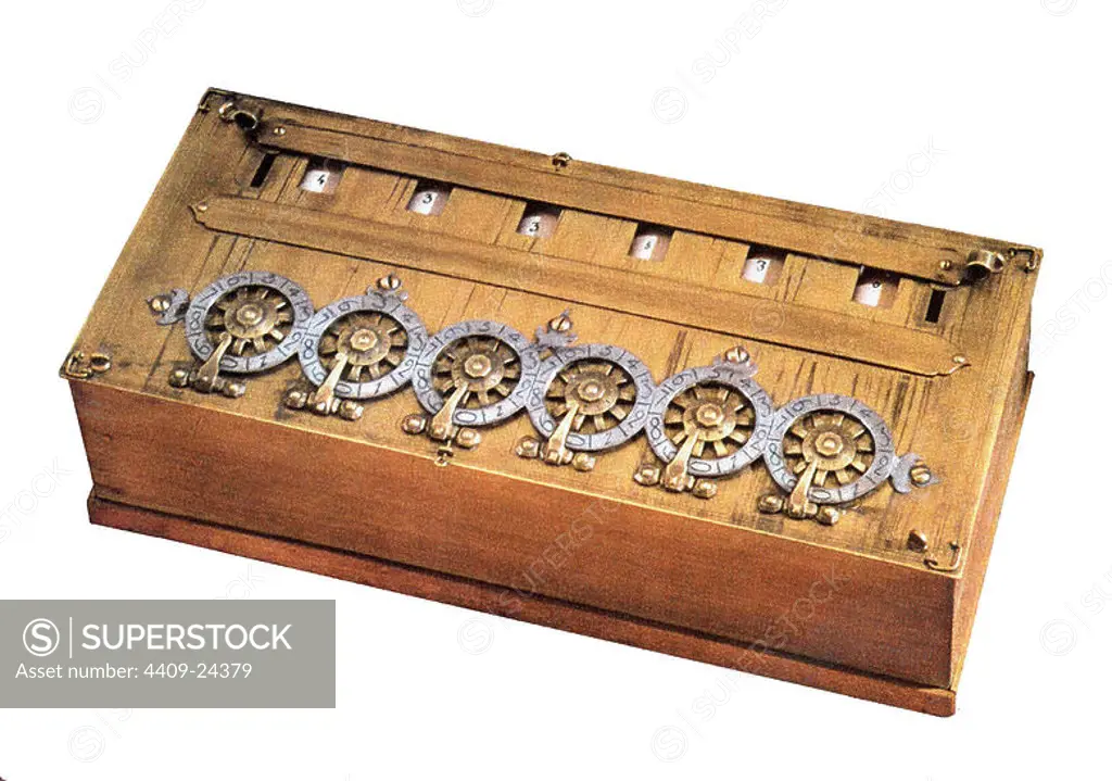 PASCALINA CALCULATOR INVENTED BY BLAISE PASCAL IN 1642. Location: PRIVATE COLLECTION.