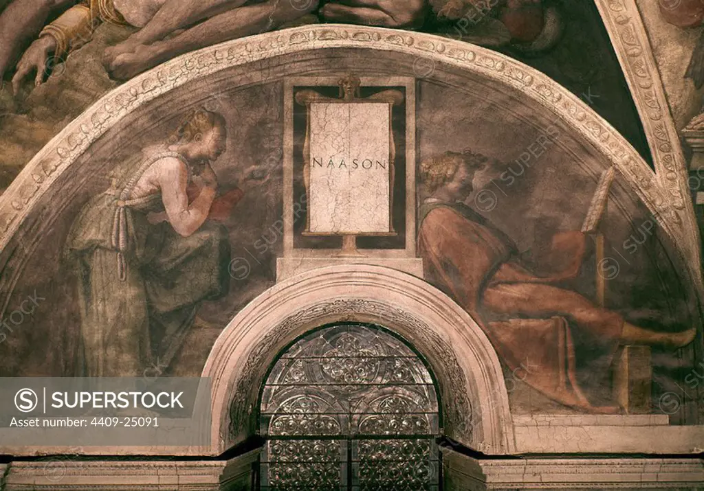 LUNETO DEL TECHO DE LA CAPILLA SIXTINA CON NAASON, ANTEPASADO DE CRISTO - 1511/1512. Author: Michelangelo. Location: MUSEOS VATICANOS-CAPILLA SIXTINA. VATICANO. NAASON. AMINABAD.
