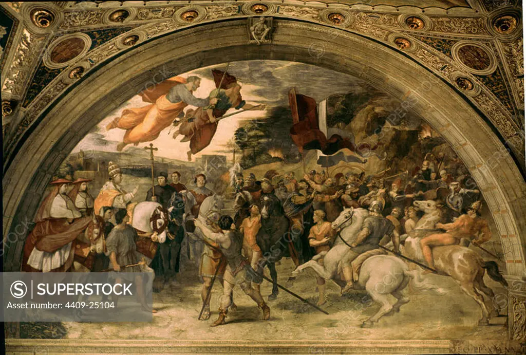 Pope Leo I repulsing Attila - 1512/14 - fresco. Author: RAFAEL SANZIO O RAFAEL DE URBINO. Location: MUSEOS VATICANOS-ESTANCIA DEL HELIODORO. VATICANO.