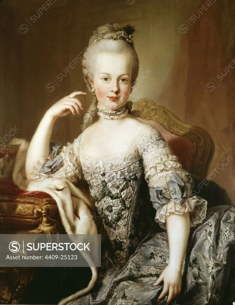 'Portrait of Marie Antoinette, at the age of 12 years old', c. 1767-1768, Oil on canvas. Author: MARTIN VAN MEYTENS. Location: PALACIO SCHÖNBRUNN. WIEN. AUSTRIA. MARIE ANTOINETTE. LUIS XVI FRANCIA ESPOSA.