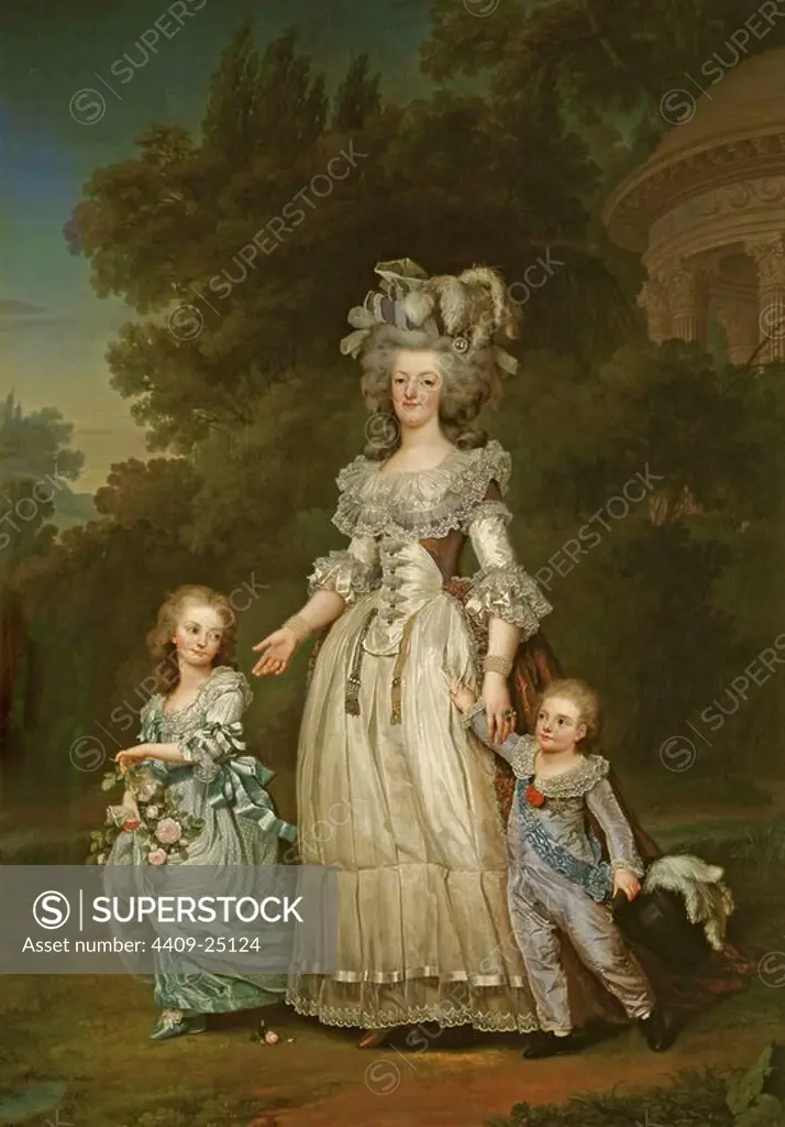 'Queen Marie Antoinette of France and two of her Children Walking in The Park of Trianon', 1785, Oil on canvas, 276 x 194 cm. Author: ADOLPH ULRIK WERTMÜLLER (1751-1811). Location: NATIONAL MUSEUM. STOCKHOLM. MARIE ANTOINETTE. LUIS XVI FRANCIA ESPOSA. LUIS XVI FRANCIA HIJOS. MARIA ANTONIETA DE AUSTRIA HIJOS. LUIS XVII DE FRANCIA. MADAME ROYALE.