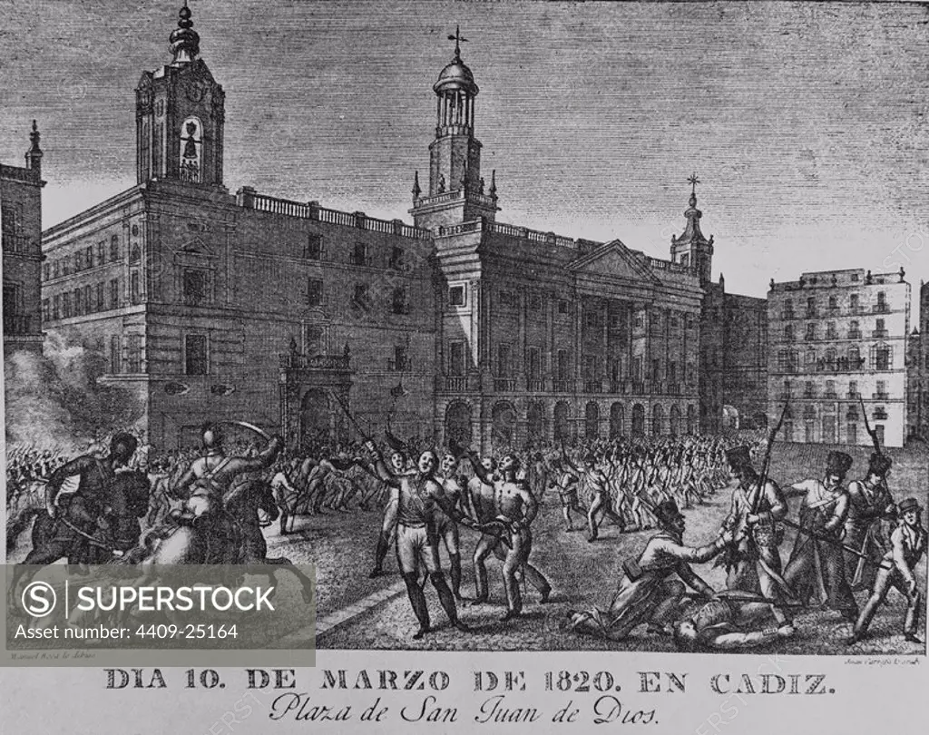 DIA 10 DE MARZO DE 1820 EN CADIZ - PLAZA DE SAN JUAN DE DIOS - GRABADO SIGLO XIX. Author: ROCA MANUEL (dibujante) / CARRASA JUAN (grabador). Location: MUSEO ROMANTICO-GRABADO. MADRID. SPAIN.