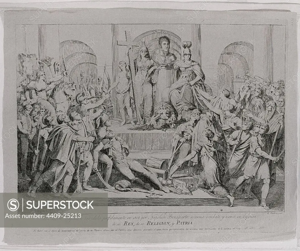 LA NACION ESPAÑOLA INVADIDA EN 1808 POR NAPOLEON SE ARMA EN COMBATE Y VENCE EN DEFENSA DE SU REY DE SU RELIGION Y PATRIA - GRABADO - SI. Author: JOSE APARICIO (1770-1838). Location: MUSEO DE HISTORIA-GRABADOS BLANCO Y NEGRO. MADRID. SPAIN. FERNANDO VII.