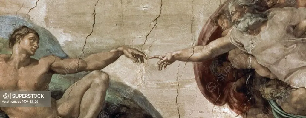 'The Creation of Adam' (detail), 1508-1512, Fresco, Before restoration. Author: Michelangelo. Location: MUSEOS VATICANOS-CAPILLA SIXTINA. VATICANO. Adam. DIOS PADRE.