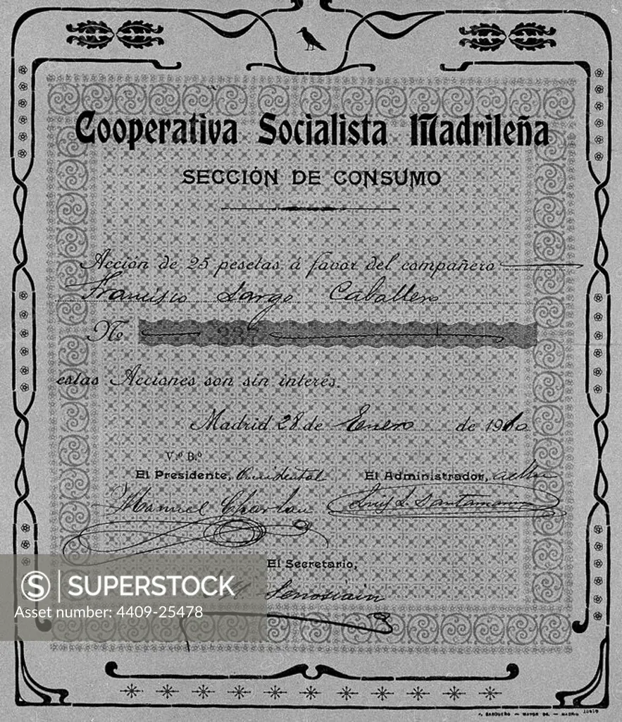 ACCION DE LA COOPERATIVA SOCIALISTA MADRILEÑA A NOMBRE DE FRANCISCO LARGO CABALLERO, 28 DE ENERO 1910. Location: FUNDACION PABLO IGLESIAS. MADRID. SPAIN.