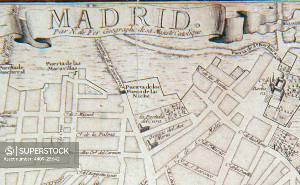 PLANO DE LA VILLA DE MADRID 1700, DETALLE PUERTA DE LOS POZOS DE LA NIEVE O PUERTA NORTE. Author: FER N. DE. Location: ARCHIVO HISTORICO DE LA VILLA. SPAIN.