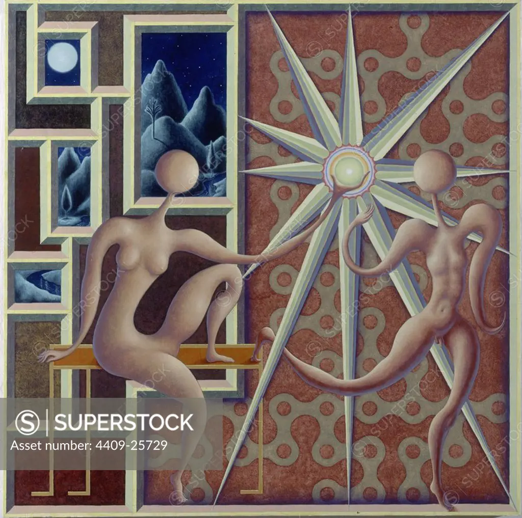 'Eros and Psyche', 2007, Tempera on canvas, 142 x 142 cm. Author: GUILLERMO PEREZ VILLALTA. Location: GALERIA SOLEDAD LORENZO. MADRID. SPAIN. CUPID. PSYCHE (MYTHOLOGY). PSIQUIS.