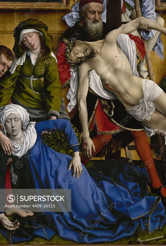 'The Descent from the Cross' (detail), c. 1435, Oil on panel. Author: ROGIER VAN DER WEYDEN. Location: MUSEO DEL PRADO-PINTURA. MADRID. SPAIN. CRISTO MUERTO. CRISTO DEL DESCENDIMIENTO. SIMEON SACERDOTE.