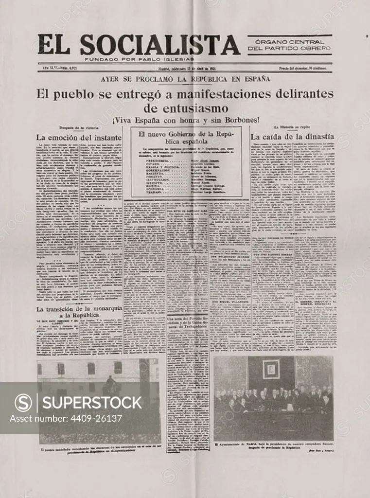 PORTADA DEL PERIODICO EL SOCIALISTA PROCLAMANDO LA REPUBLICA EN ESPAÑA - MIERCOLES 15 DE ABRIL DE 1931 - Nº 6921.
