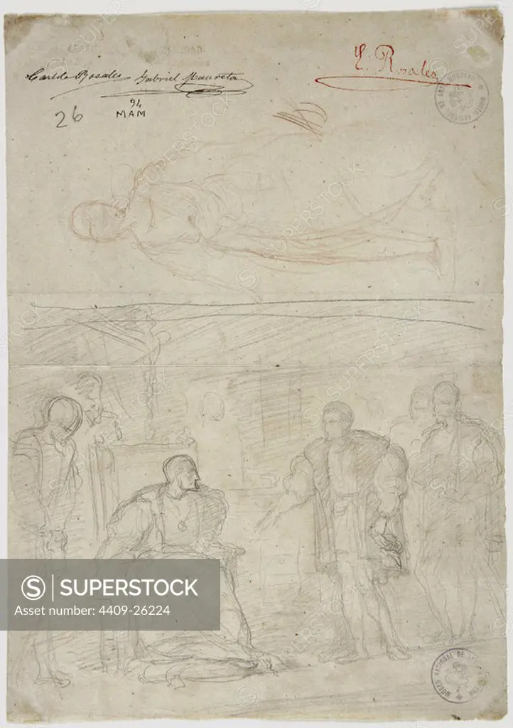 'Visita de Carlos V a Francisco I en la Torre de los Lujanes. Tobías y el ángel / Francisco I sentado con un paje y un caballero. San Rafael', 1858-1861, Pencil on paper, 28,7 x 20,4 cm, D5136. Author: EDUARDO ROSALES GALLINAS. Location: MUSEO DEL PRADO-DIBUJOS. MADRID. SPAIN. FRANCIS I OF FRANCE. CARLOS V (CARLOS I). Charles I (V of the Holly Roman Empire).