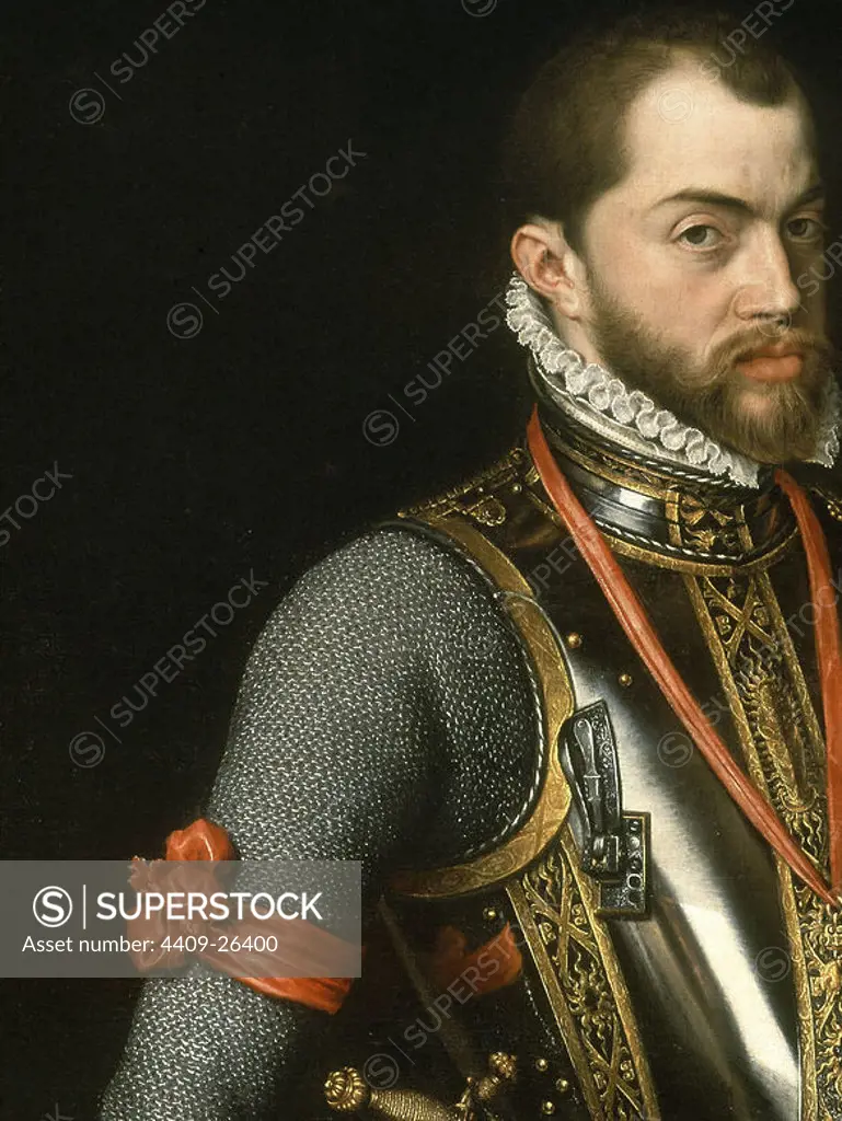 'Portrait of Philip II in Armour (detail)', 1557, Oil on canvas. Author: ANTONIS MOR. Location: MONASTERIO-PINTURA. SAN LORENZO DEL ESCORIAL. MADRID. SPAIN.