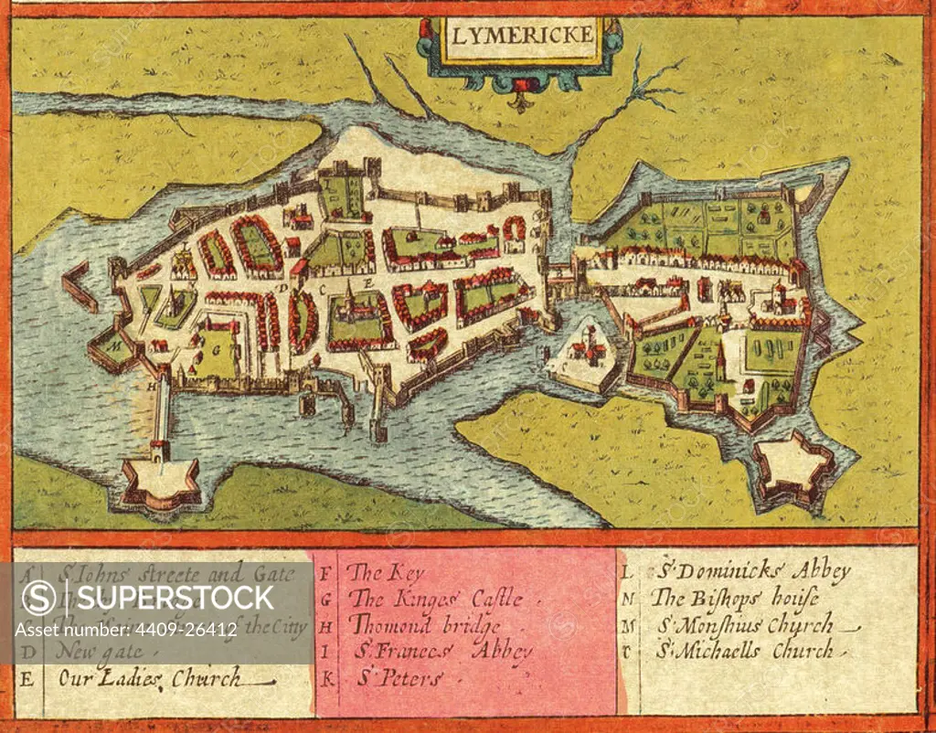 CIVITATES ORBIS TERRARUM - LIMERICK (IRLANDA) - GRABADO - 1617. Author: GEORG BRAUN 1541-1622 / FRANS HOGENBERG. Location: PRIVATE COLLECTION.