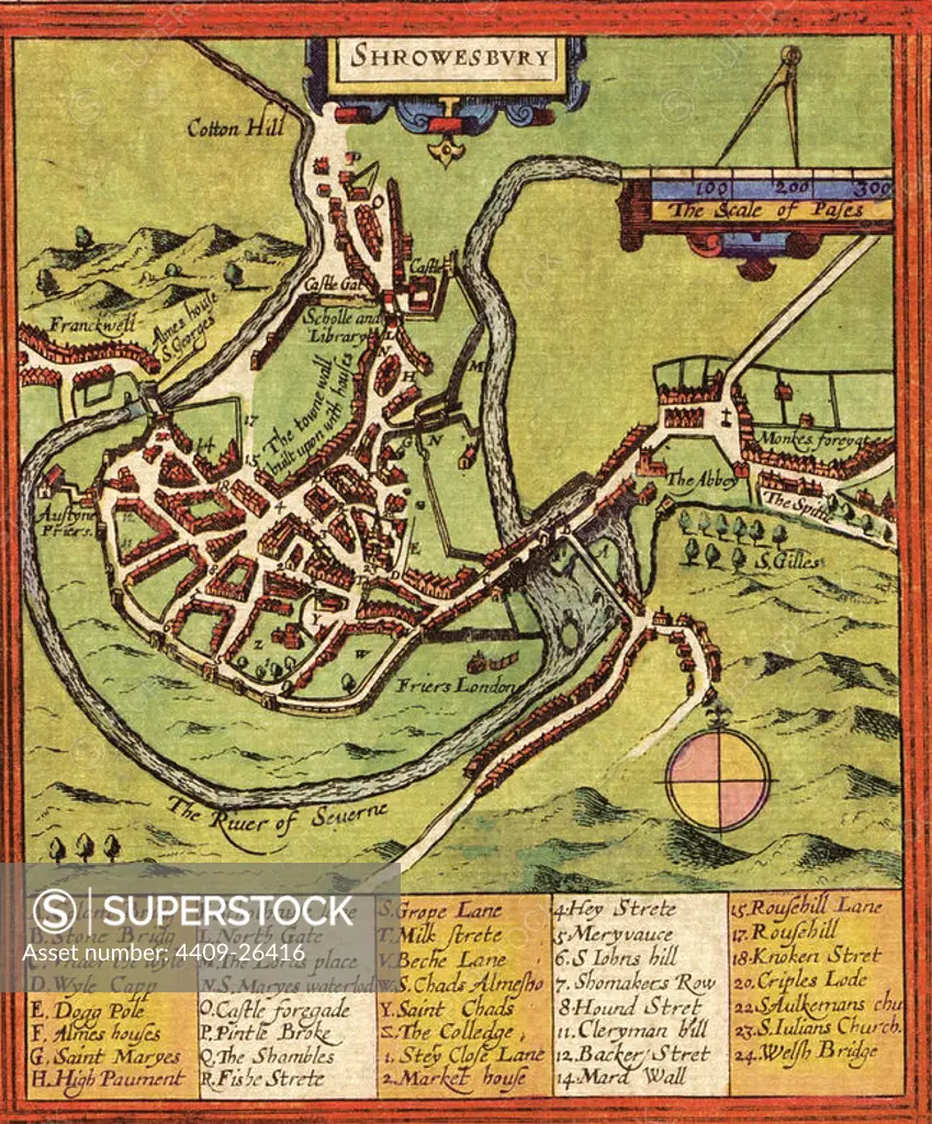 CIVITATES ORBIS TERRARUM - SHREWSBURY (REINO UNIDO) - GRABADO - 1617. Author: GEORG BRAUN 1541-1622 / FRANS HOGENBERG. Location: PRIVATE COLLECTION.