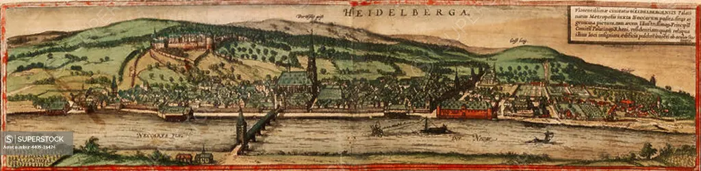 CIVITATES ORBIS TERRARUM - HEIDELBERG (ALEMANIA) - GRABADO - 1572. Author: GEORG BRAUN 1541-1622 / FRANS HOGENBERG. Location: PRIVATE COLLECTION.