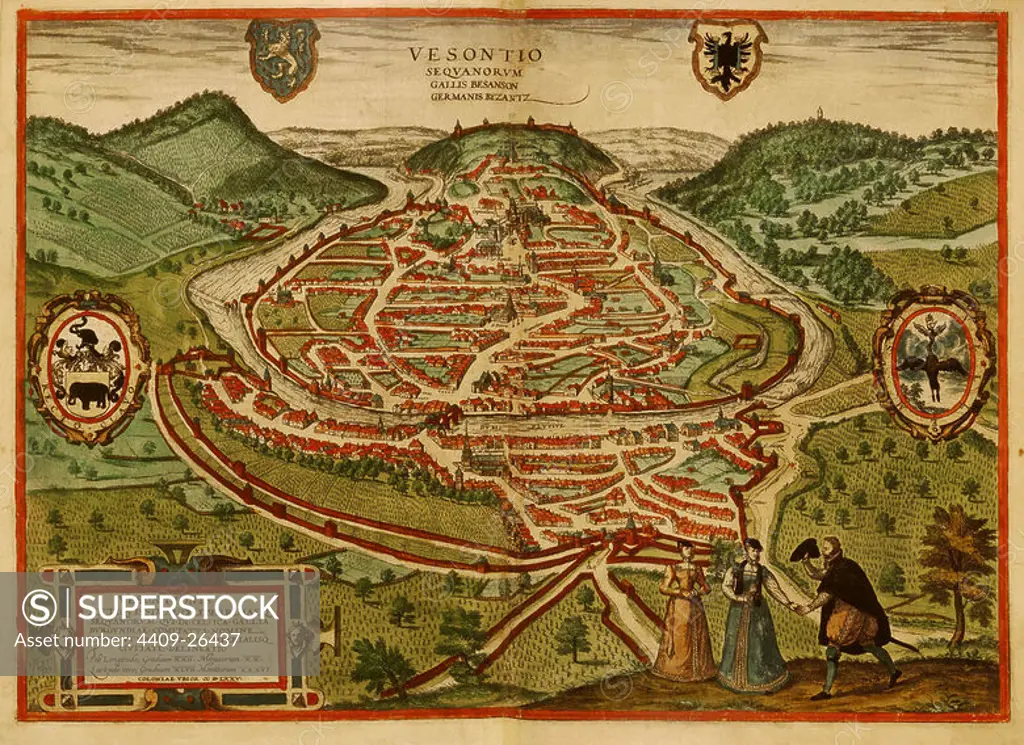 CIVITATES ORBIS TERRARUM - BESANZON (FRANCIA) - GRABADO - 1575. Author: GEORG BRAUN 1541-1622 / FRANS HOGENBERG. Location: PRIVATE COLLECTION.