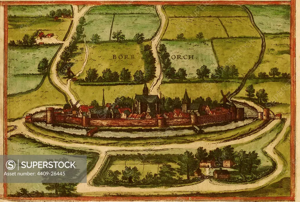 CIVITATES ORBIS TERRARUM - BOURBOURG (FRANCIA) - GRABADO - 1575. Author: GEORG BRAUN 1541-1622 / FRANS HOGENBERG. Location: PRIVATE COLLECTION.