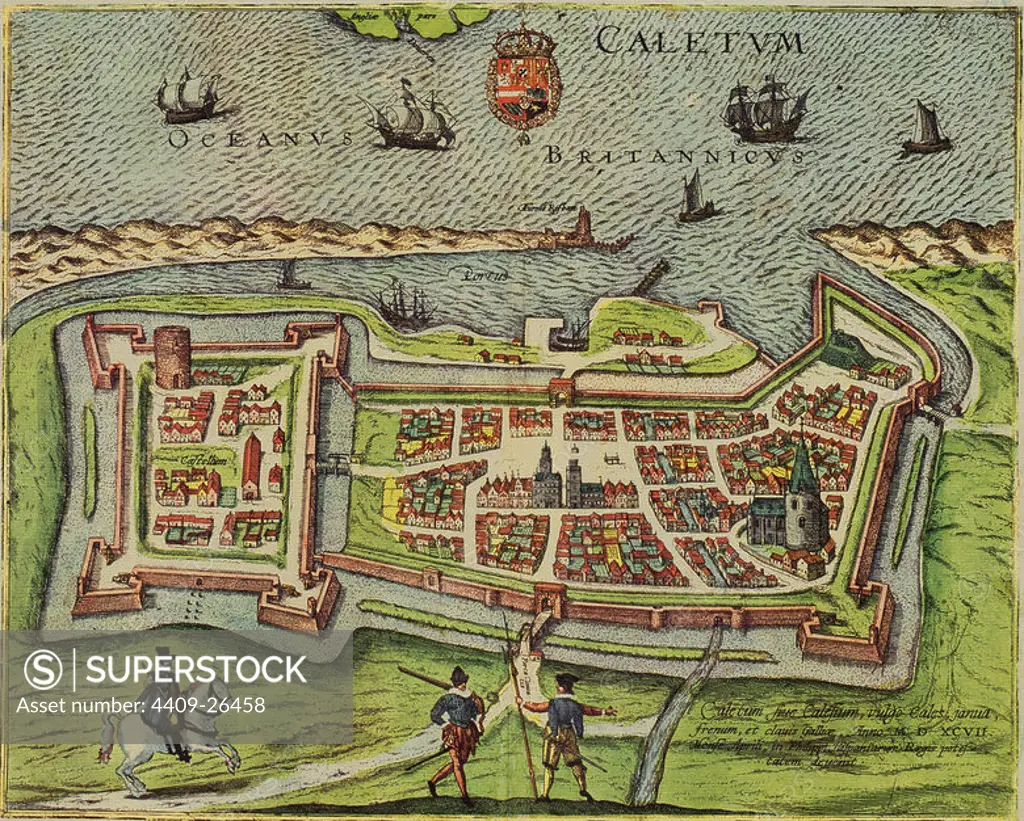 CIVITATES ORBIS TERRARUM - CALAIS (FRANCIA) - GRABADO - 1598. Author: GEORG BRAUN 1541-1622 / FRANS HOGENBERG. Location: PRIVATE COLLECTION.