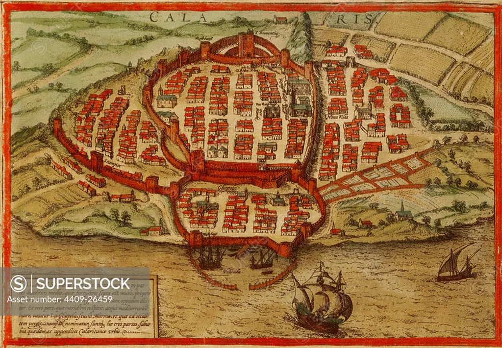 CIVITATES ORBIS TERRARUM - CAGLIARI (ITALIA) - GRABADO - 1572. Author: GEORG BRAUN 1541-1622 / FRANS HOGENBERG. Location: PRIVATE COLLECTION.