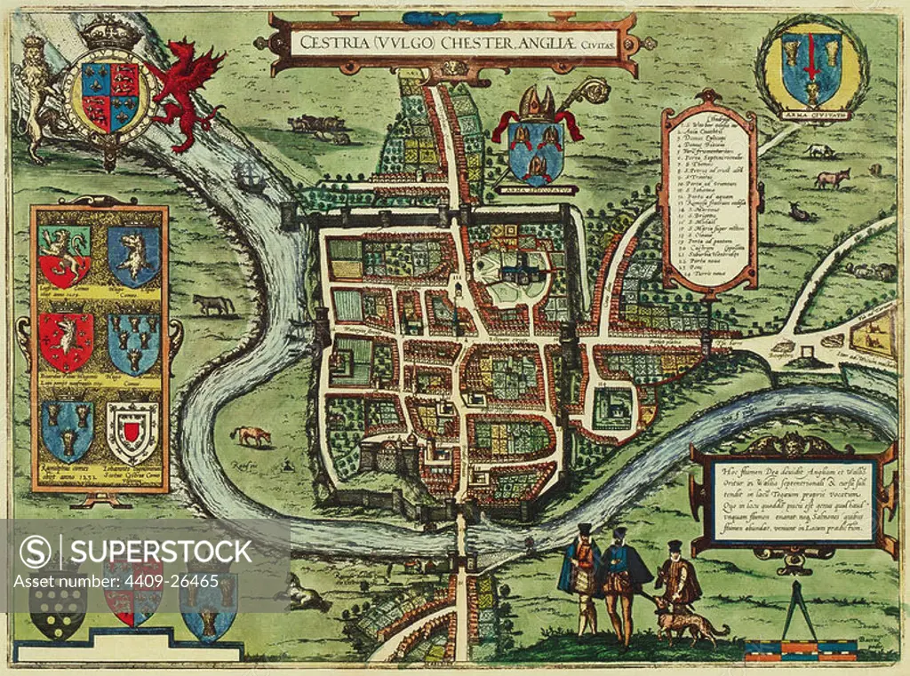 CIVITATES ORBIS TERRARUM - CHESTER (REINO UNIDO) - GRABADO - SIGLO XVI. Author: GEORG BRAUN 1541-1622 / FRANS HOGENBERG. Location: PRIVATE COLLECTION.