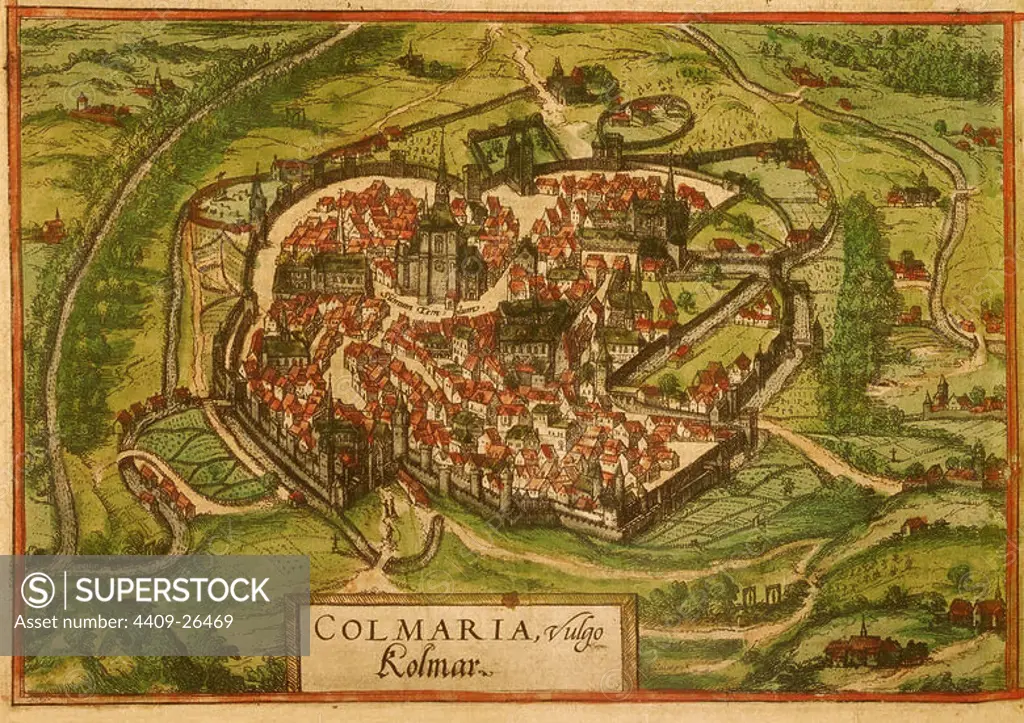 CIVITATES ORBIS TERRARUM - COLMAR (FRANCIA) - GRABADO - 1575. Author: GEORG BRAUN 1541-1622 / FRANS HOGENBERG. Location: PRIVATE COLLECTION.