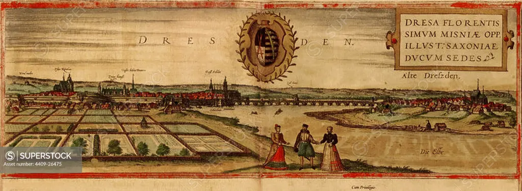 CIVITATES ORBIS TERRARUM - DRESDE - GRABADO - SIGLO XVI. Author: GEORG BRAUN 1541-1622 / FRANS HOGENBERG. Location: PRIVATE COLLECTION.
