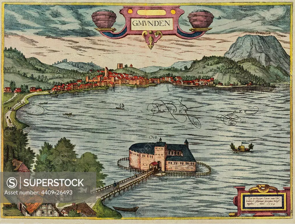 CIVITATES ORBIS TERRARUM - GMUNDEN (AUSTRIA) - GRABADO - SIGLO XVI. Author: GEORG BRAUN 1541-1622 / FRANS HOGENBERG. Location: PRIVATE COLLECTION.