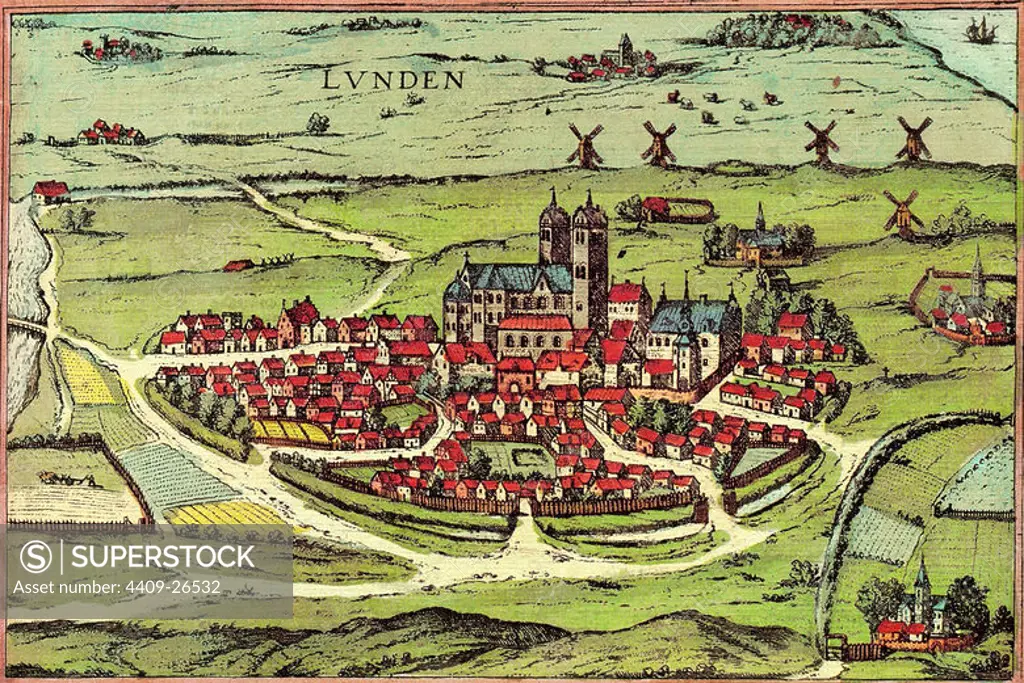CIVITATES ORBIS TERRARUM - LUND (SUECIA) - GRABADO - SIGLO XVI. Author: GEORG BRAUN 1541-1622 / FRANS HOGENBERG. Location: PRIVATE COLLECTION.