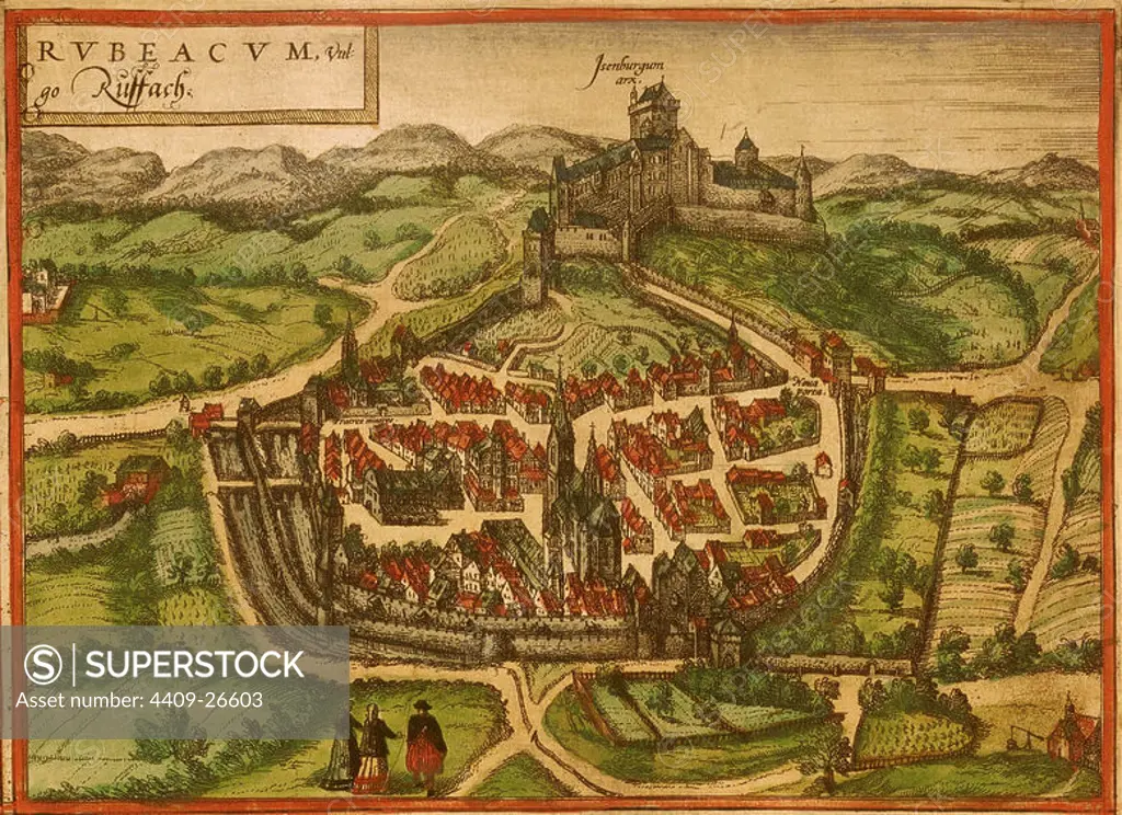 CIVITATES ORBIS TERRARUM - ROUFFACH (FRANCIA) - GRABADO - 1575. Author: GEORG BRAUN 1541-1622 / FRANS HOGENBERG. Location: PRIVATE COLLECTION.
