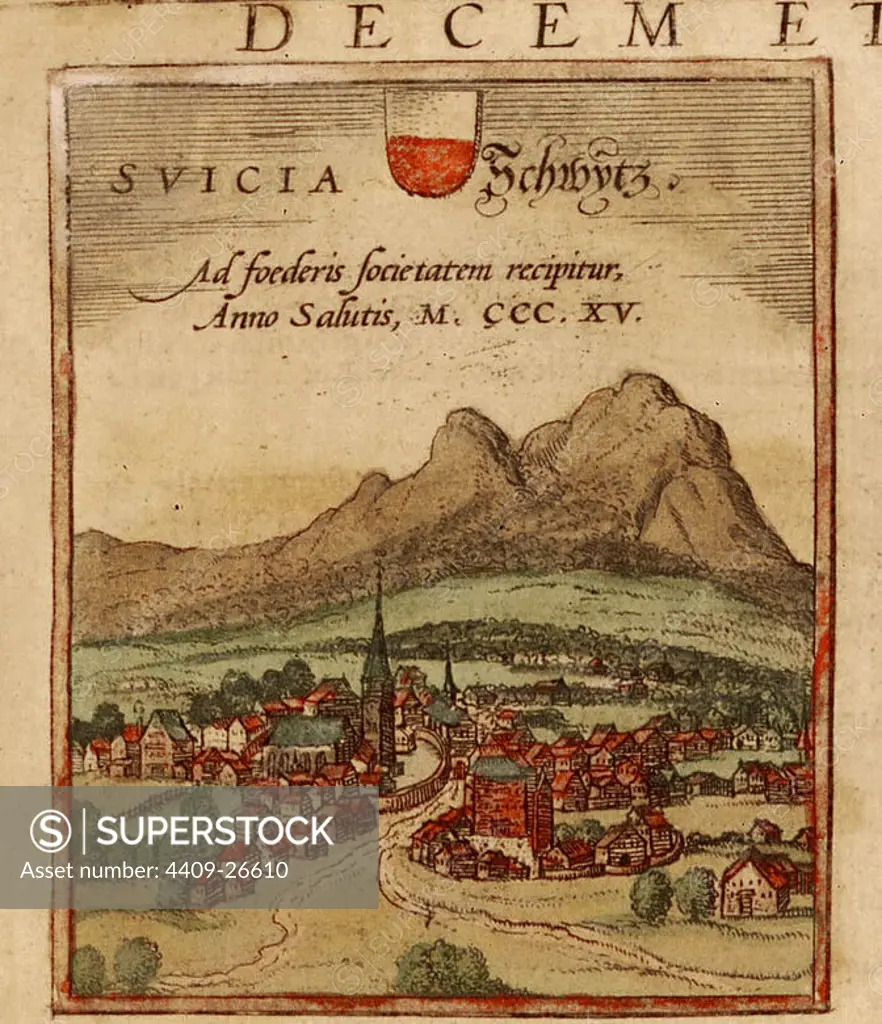 CIVITATES ORBIS TERRARUM - SCHWYZ (SUIZA) - GRABADO - 1572. Author: GEORG BRAUN 1541-1622 / FRANS HOGENBERG. Location: PRIVATE COLLECTION.