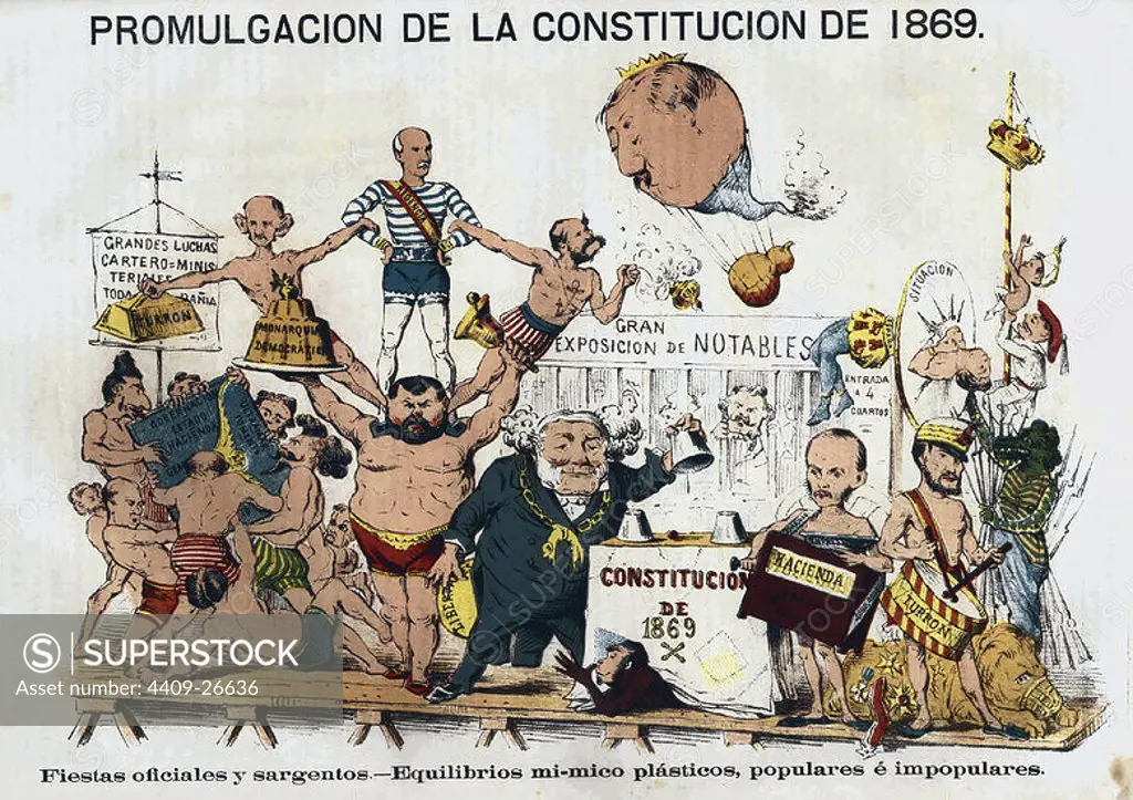 PROMULGACION DE LA CONSTITUCION DE 1869 - SATIRA - REVISTA LA FLACA - 20 DE JUNIO DE 1869. Location: BIBLIOTECA NACIONAL-COLECCION. MADRID. SPAIN. Juan Prim y Prats. RIVERO NICOLAS MARIA. SERRANO DOMINGUEZ FRANCISCO.