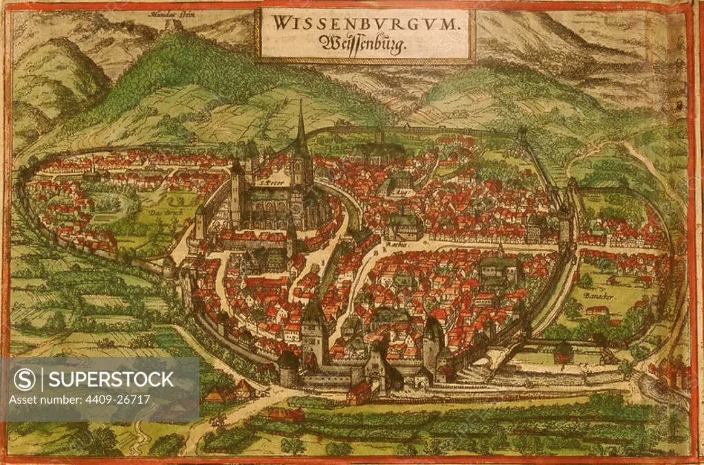 CIVITATES ORBIS TERRARUM - WISSEMBOURG (FRANCIA) - GRABADO - 1575. Author: GEORG BRAUN 1541-1622 / FRANS HOGENBERG. Location: PRIVATE COLLECTION.